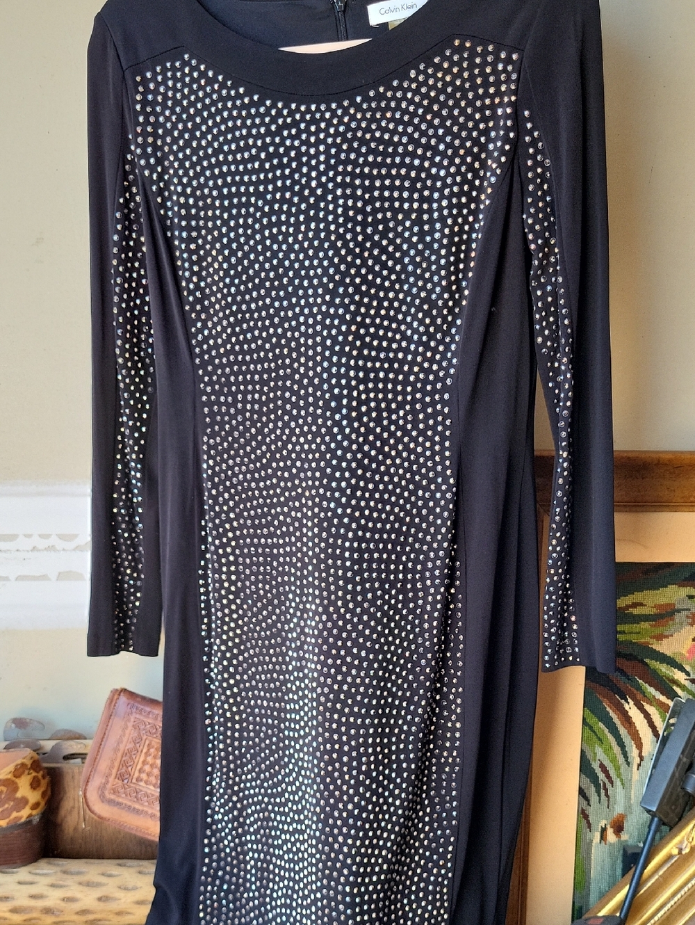 Calvin Klein Black Long Sleeve Rhinestone Panel Dress